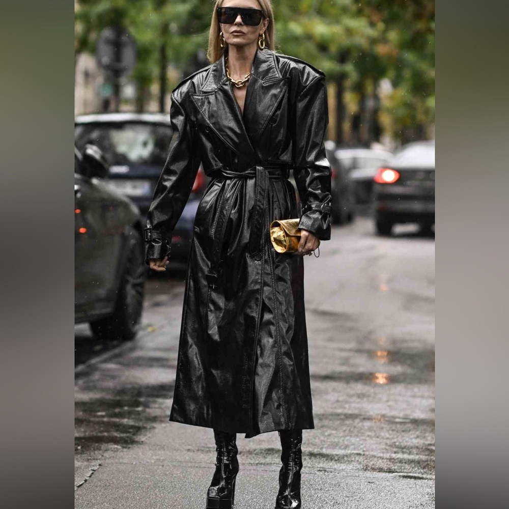 Black Fabulous Faux Leather Long Trench Coat - Picture 2 of 7